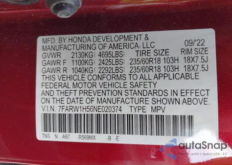 2022 Honda Cr-V 2Wd Ex z USA, uszkodzony, nr VIN 7FARW1H56NE020374